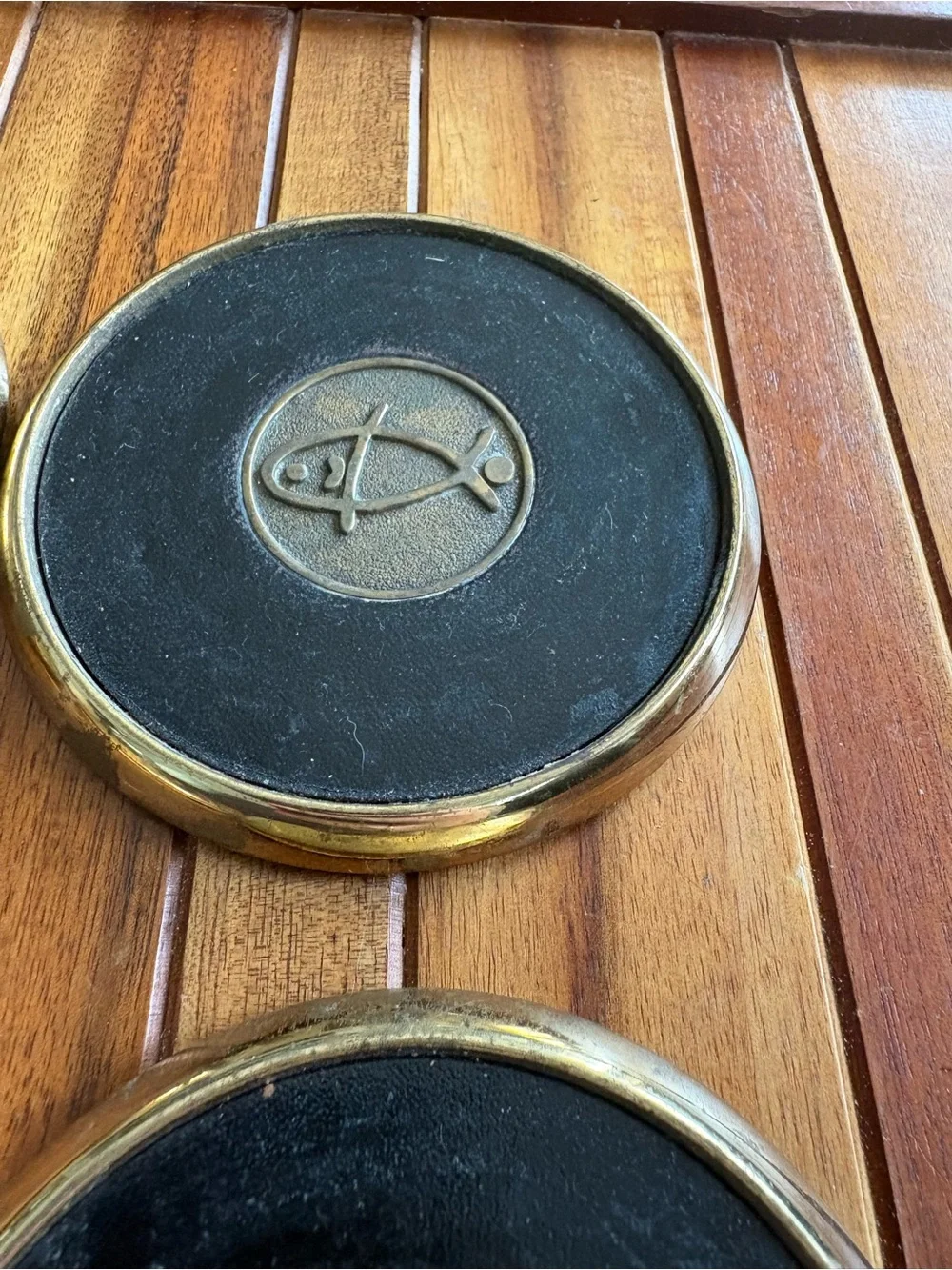 Vintage Solid Brass Leather & Cork Coaster Set of 4 Early Christian Symbols